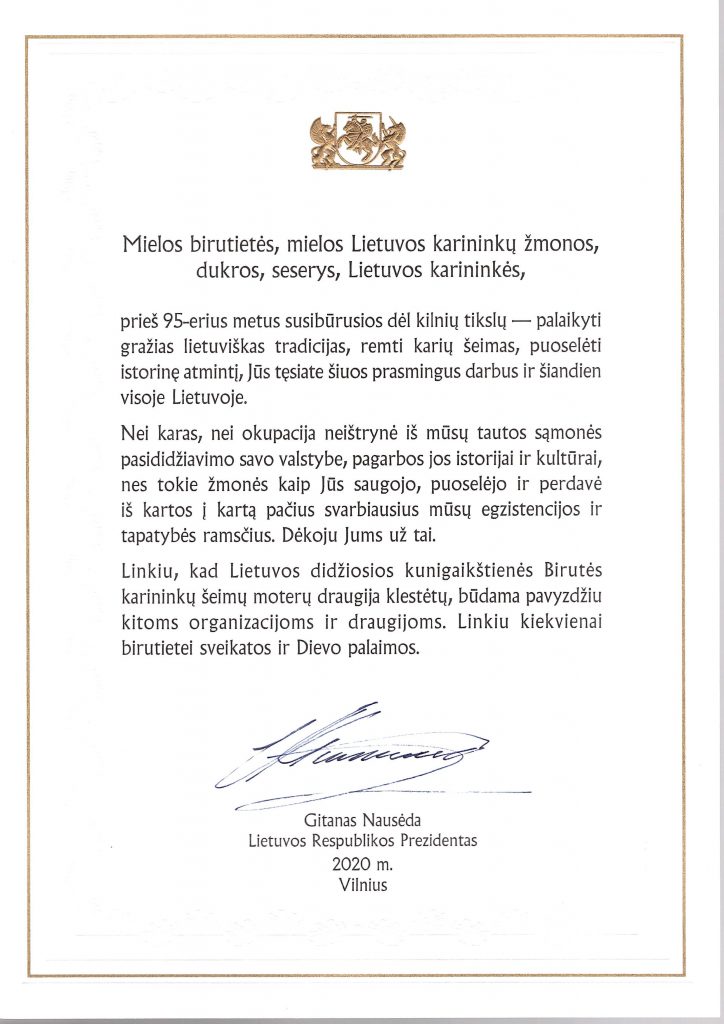 Lietuvos didžiosios kunigaikštienės Birutės karininkų šeimų moterų organizacija mini 95 - uosius įkūrimo metus