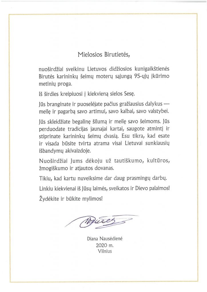 Lietuvos didžiosios kunigaikštienės Birutės karininkų šeimų moterų organizacija mini 95 - uosius įkūrimo metus